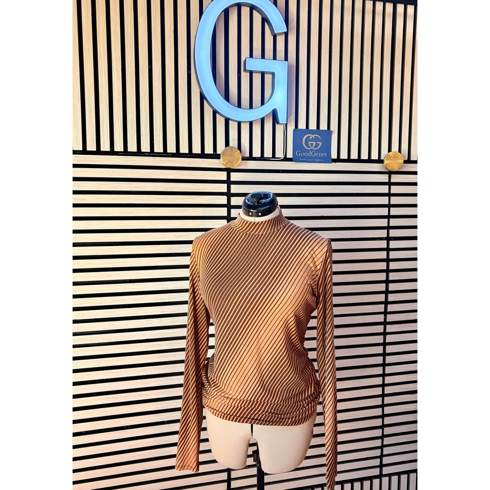 Reformation Brown Tan Diagonal Stripe Mock Neck Long Sleeve Top Large